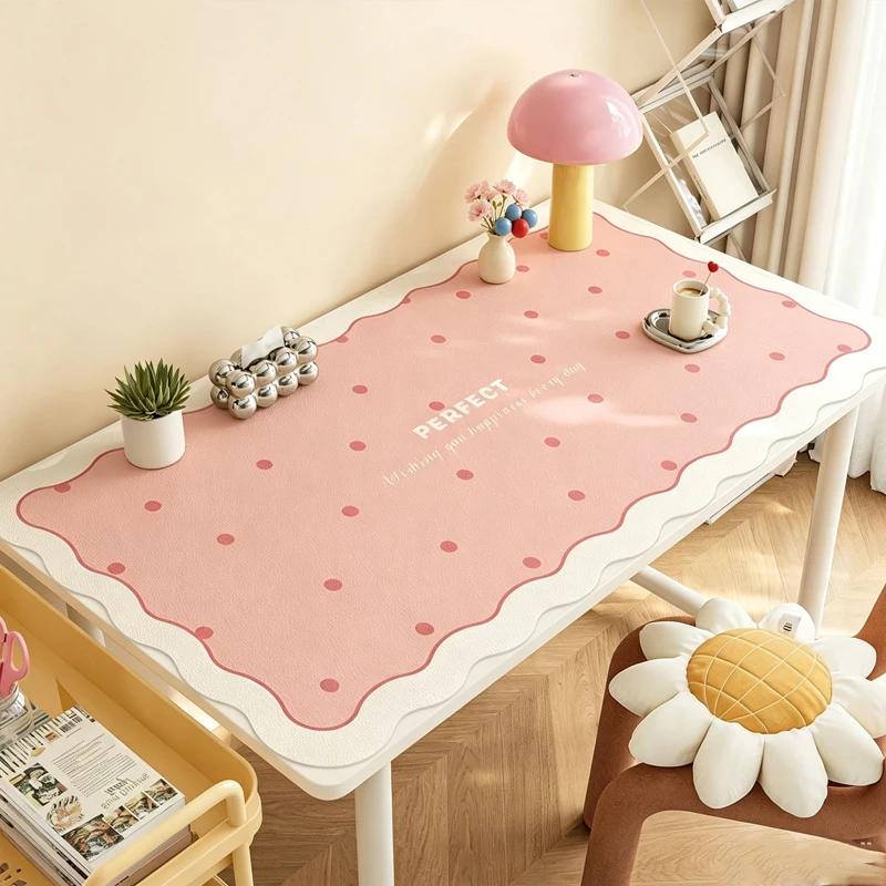 Cream Style Wave Leather Desk Pad Protector Wave Polka Dot Y2K Mouse Pad Office Desk Mat Waterproof Non-Slip PU Desk Blotter Pad