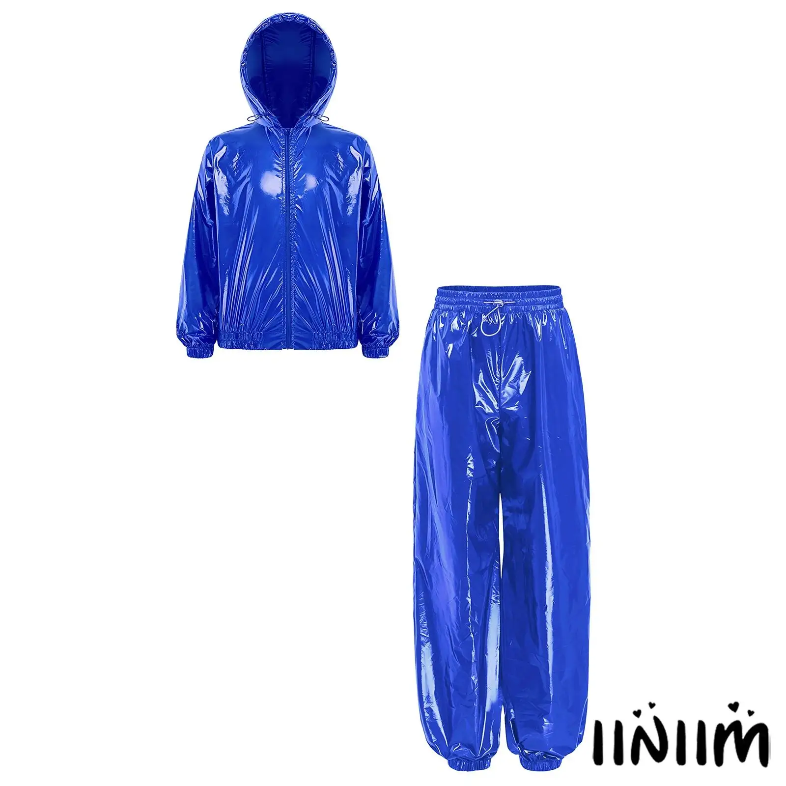Kids Water Resistant Jacket And Jogger Pants Set Long Sleeve Hooded Front Zip Raincoat Elastic Waist Trousers for Street Dance