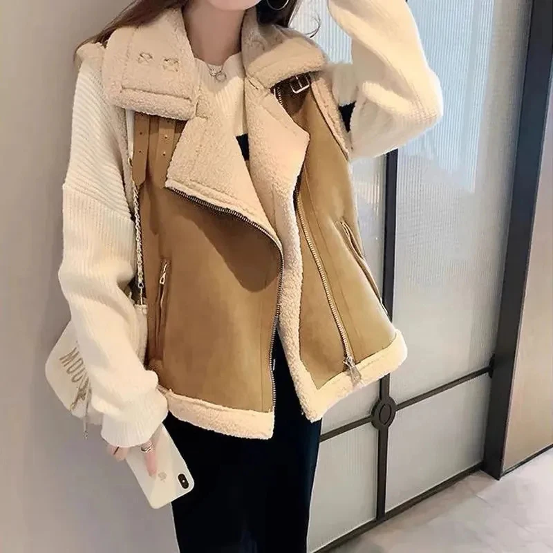 Falso shearling sem mangas jaqueta feminina rua casual zip tanque harajuku y2k clássico simples topo inverno grosso casaco quente