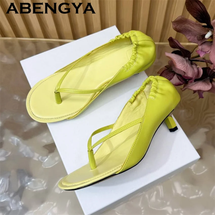 

2026 New Trend Flip Flops Kitten Heels Sandals Women Real Leather Round Toe Low Heels Sandals Summer Fashion Party Shoes Mujer