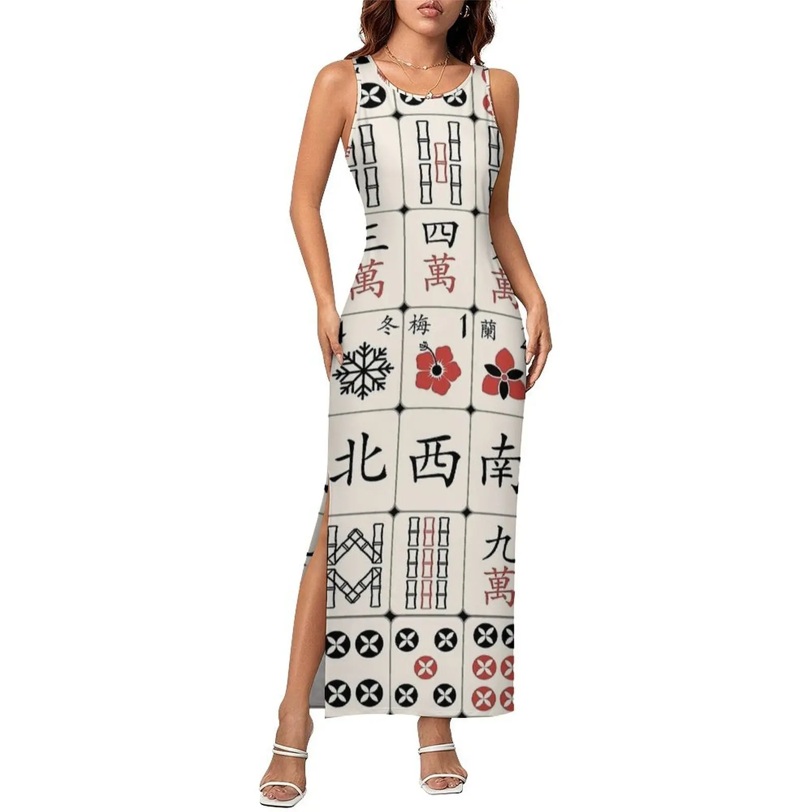 Womens Bodycon Dress Casual Mahjong Tile Pattern Design Maxi Dresses Spring Sleeveless Korean Fashion Pattern Dress Large Size