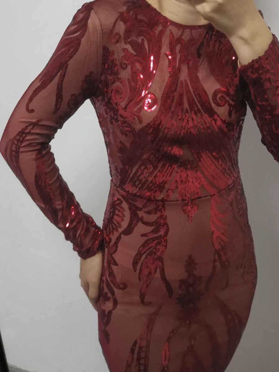 Gold Long Sleeve Stretch Sequin Maxi Dress Floor Length Full Lining O Neck Evening Night Gown Green