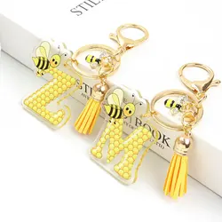 Creative Bee&Honeycomb Design A-Z Acrylic Yellow Tassel Bee Rhinestones Enamel Charm Keychain Bag Pendant Trendy Jewelry Gift