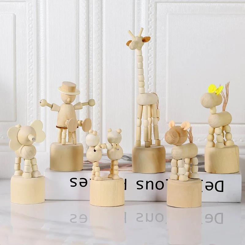 Cartoon Wooden Movable Puppet Dancing Ornaments Desktop Figurine Home Decoration Clown Giraffes Elephants Dog Statue Kid Gifts
