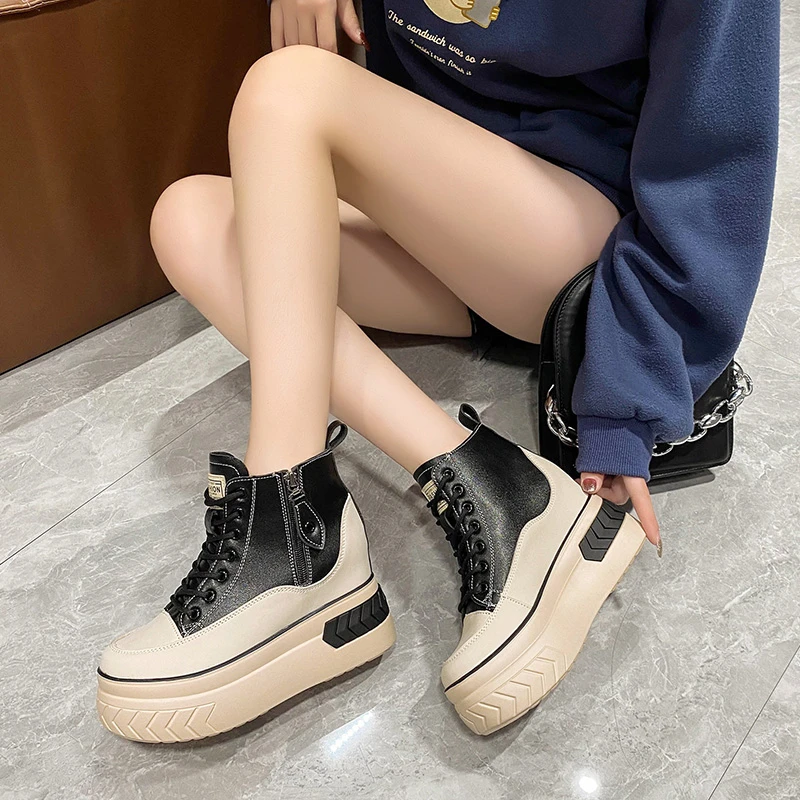 New Women's Leather Platform Sneakers 8.5CM Wedge High-Top Boots Casual Shoes Female Thick Sole Height Increase Short Boots Soft