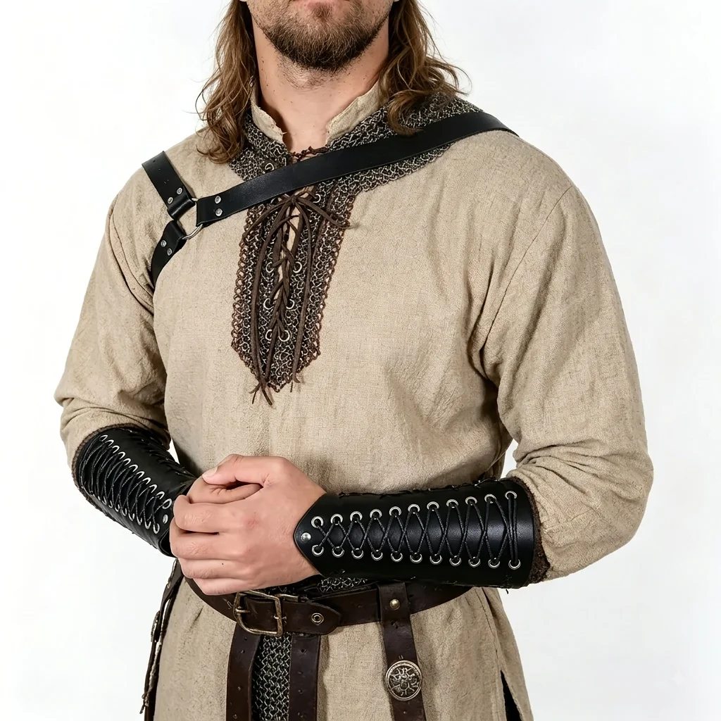 Medieval Lace-Up Viking Wristbands PU Leather Bracer Arm Guards For Renaissance Faire Halloween Cosplay Costumes