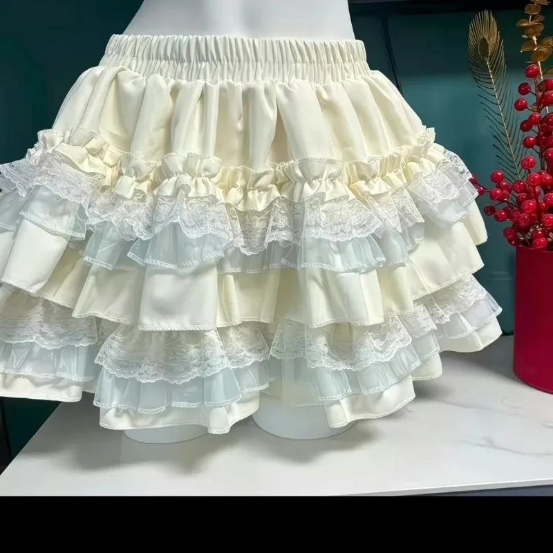 Kawaii Sweet Lolita Skirts Y2k Clothes Women French Lace Patchwork High Waisted Puffy Short Cake Skirt A-line Skirt Gothic New