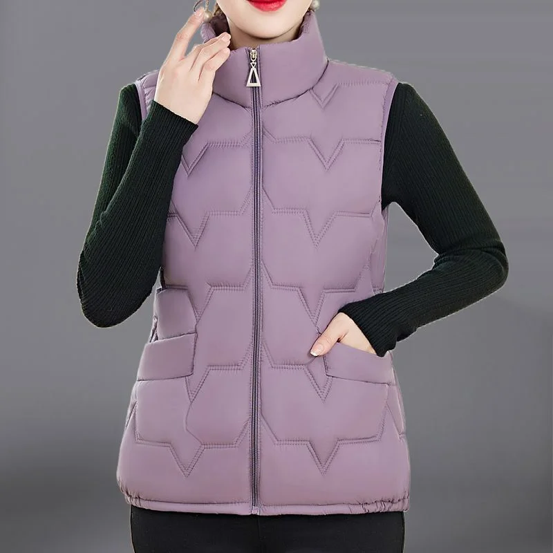 Fashion Women Down Cotton Jackets Vests Solid Stand Collar Zipper Cardigan Thicken Autumn Winter Warm Casual Sleeveless Coats