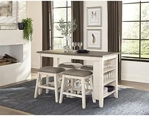 5-Piece Transitional Wood & Fabric Upholstery Counter Height Dining Set with 3-Shelf Table & 4 Nailhead Trim Counter Stools,