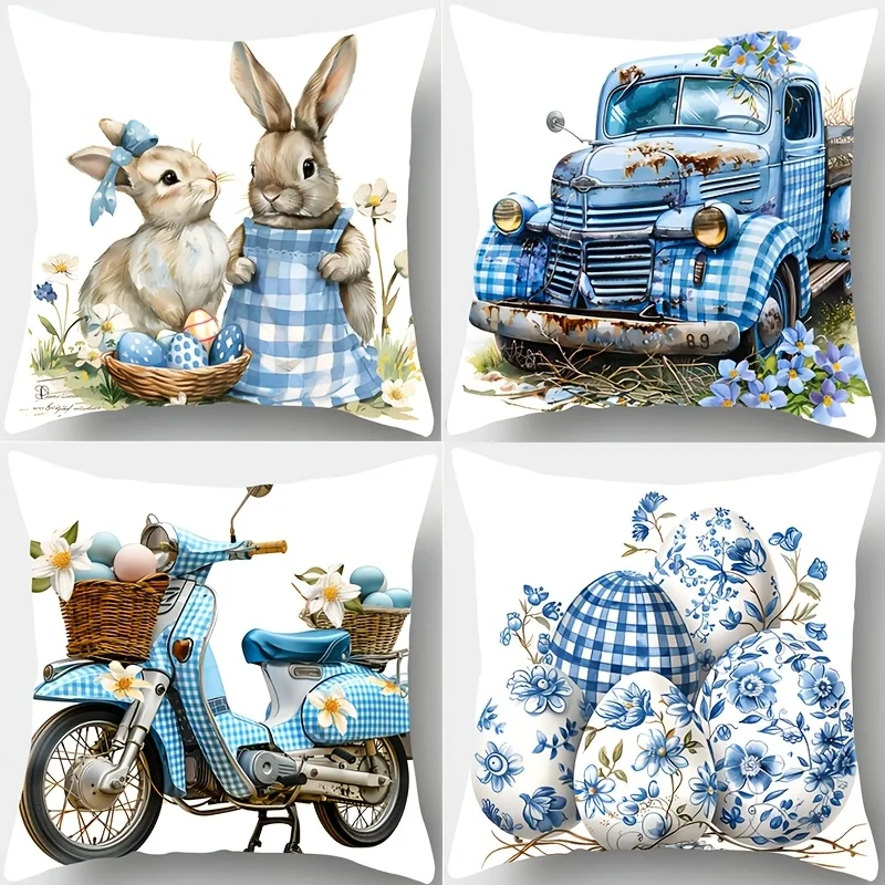 4Pcs Easter Pillow Covers 45x45cm Double-sided Printed Cushion Cases Bunny Truck Scooter Home Decor Throw Pillows No Insert