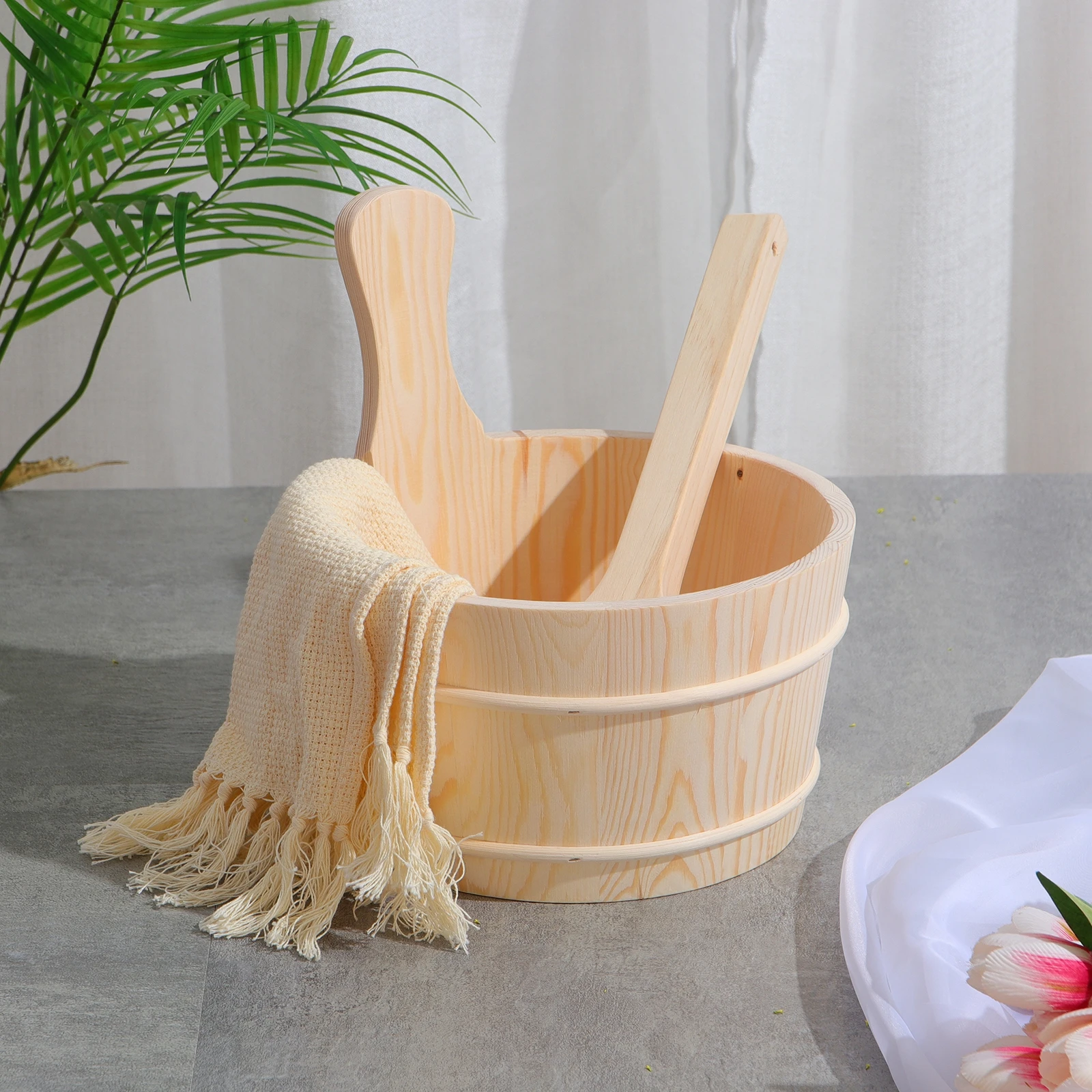 Wooden Bath Barrel Sauna Bucket Barrel Set 4 Liter Solid Wood With Laddle Plastic Liner For Home Spa Accessory With Handle