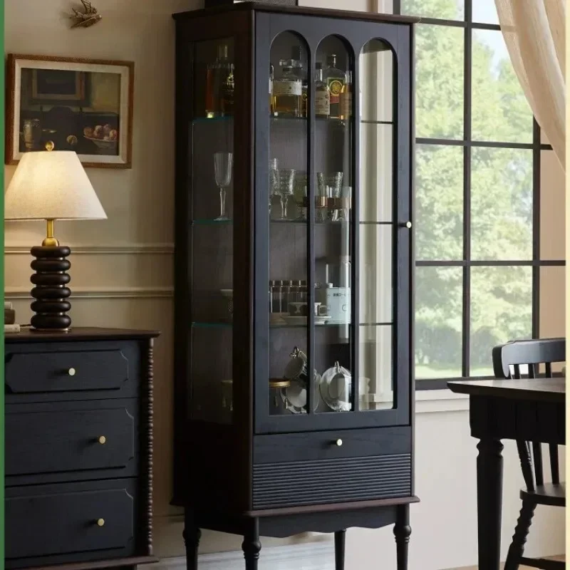 

French solid wood side cabinet, display cabinet next to household glass door TV cabinet, living room retro storage