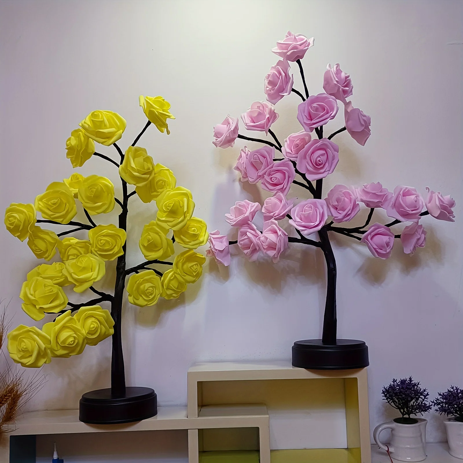 Battery USB Operated DIY Artificial Rose Flower Tree Lamp LED Tabletop Bonsai Tree Light Decoration for Valentine\'s Day Home