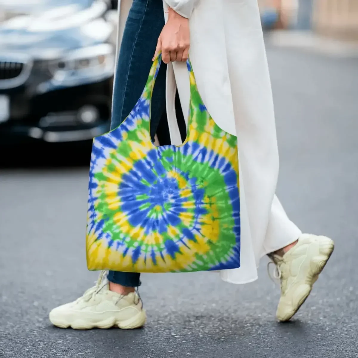 

Custom Reusable Tie Dye Blue Green And Yellow Shopping Bag Women Canvas Shoulder Tote Bag Portable Dyeing Groceries Shopper Bags