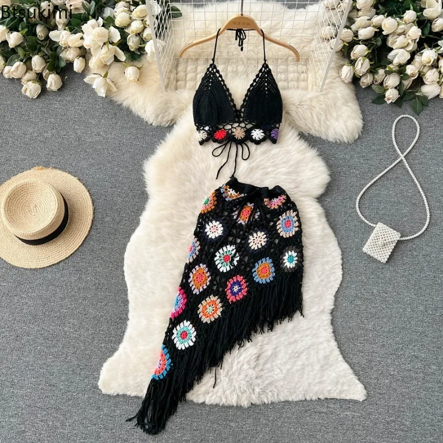 2024Women\'s Summer Bohemian Style Holiday knitted Set Tassel Halter Top WithSkirt Set Knitted Skirt Suit Two Piece Set for Women