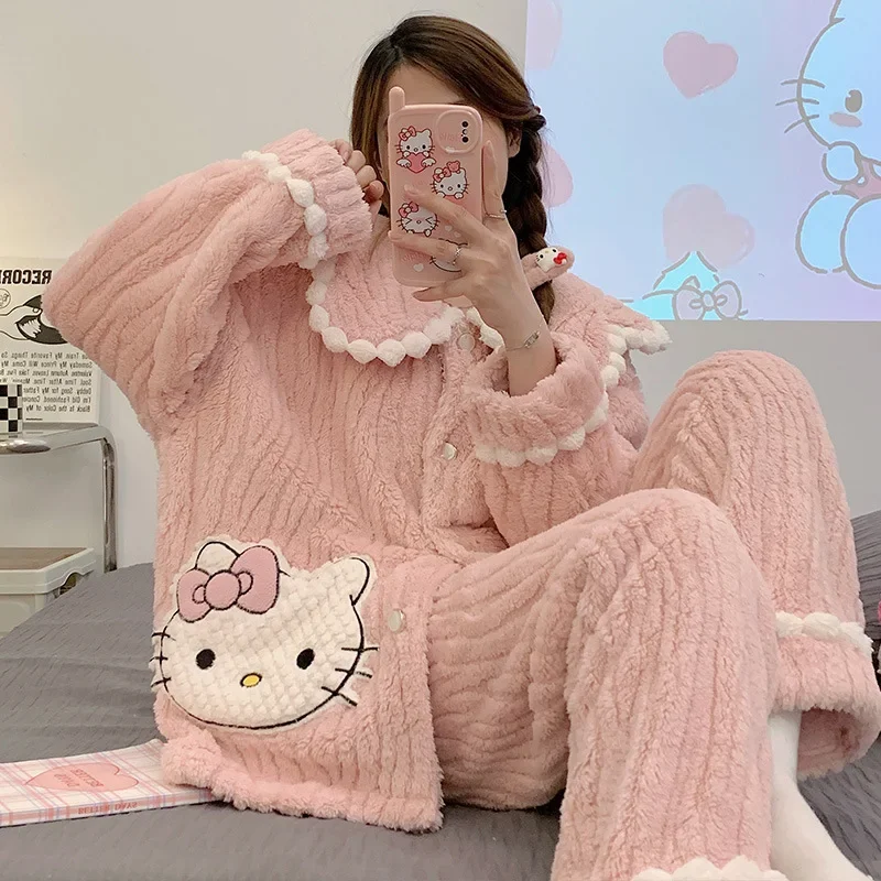 Hello Kitty Women Pajamas Winter Warm Flannel Nightwear Thickening Warm Long Sleeve Sleepwear Female Home Wear Pijamas Clothes