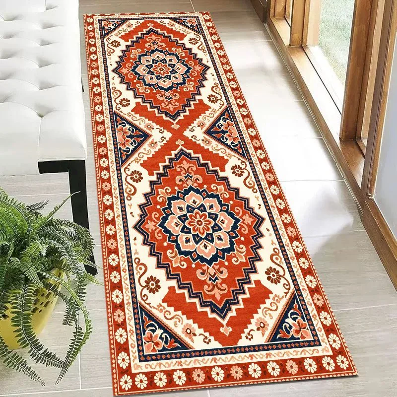 VIKAMA Corridor Retro Oriental Badge Long Carpet Anti slip Soft Traditional Flower Carpet Bedroom Living Room Home Decoration