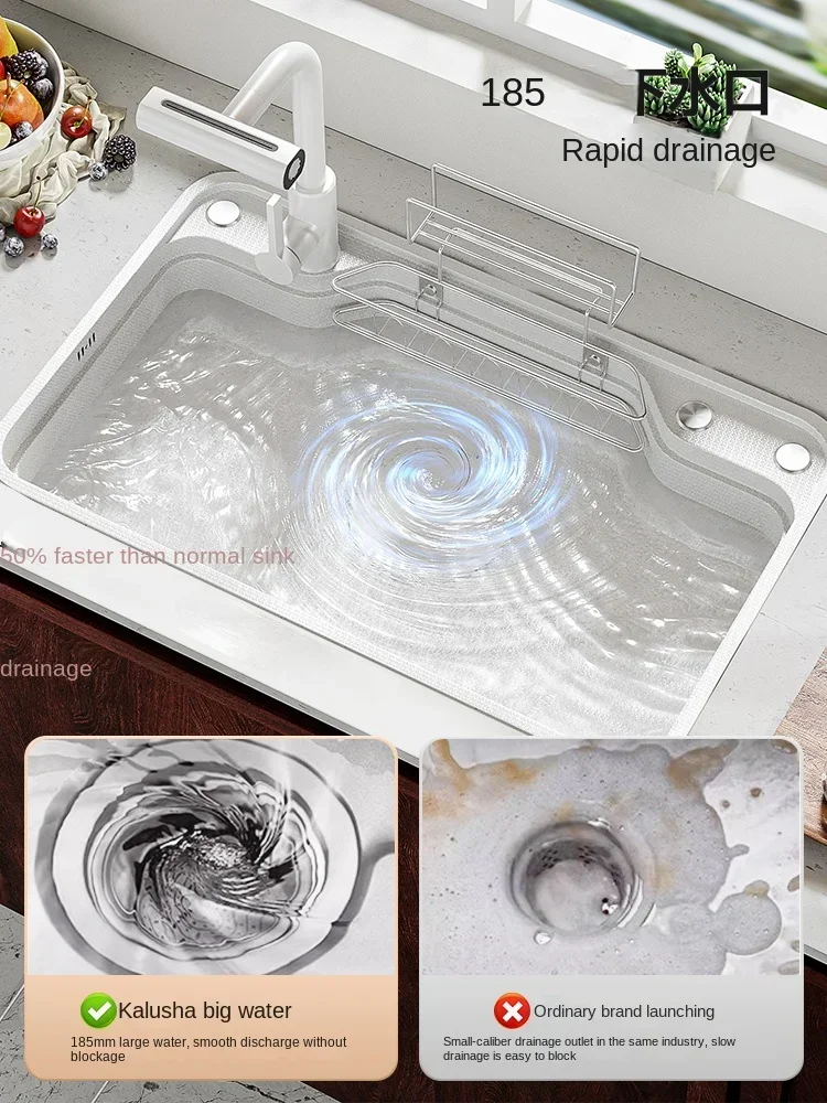 New White Nano Stainless Steel Kitchen Flying Waterfall Digital Display Large Single Dish Basin Sink Honeycomb Silver Water