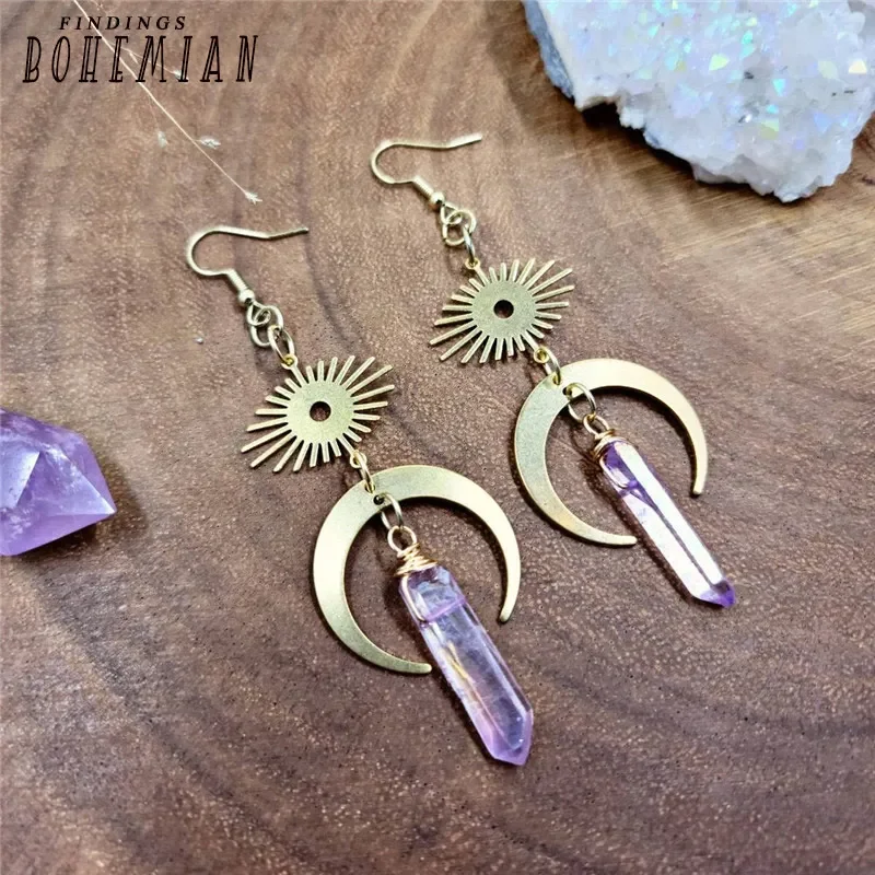 Gothic Moon and Rainbow Quartz Crystal Pendant Earrings