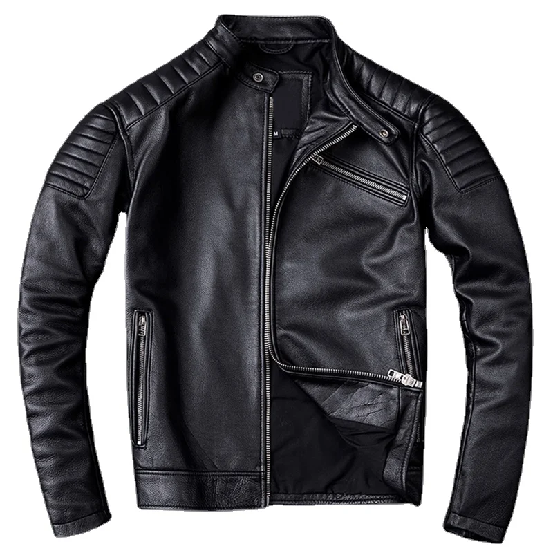 

Fashion Black Motor Biker Jacket Cool Leather Coat New Motorcycle Style Men Cowhide Genuine Leather Clothes Plus Size 5XL