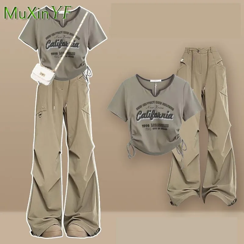 Verão feminino novo casual conjunto de treino 2025 coreano elegante impresso manga curta topo + calças de trabalho terno feminino de duas peças