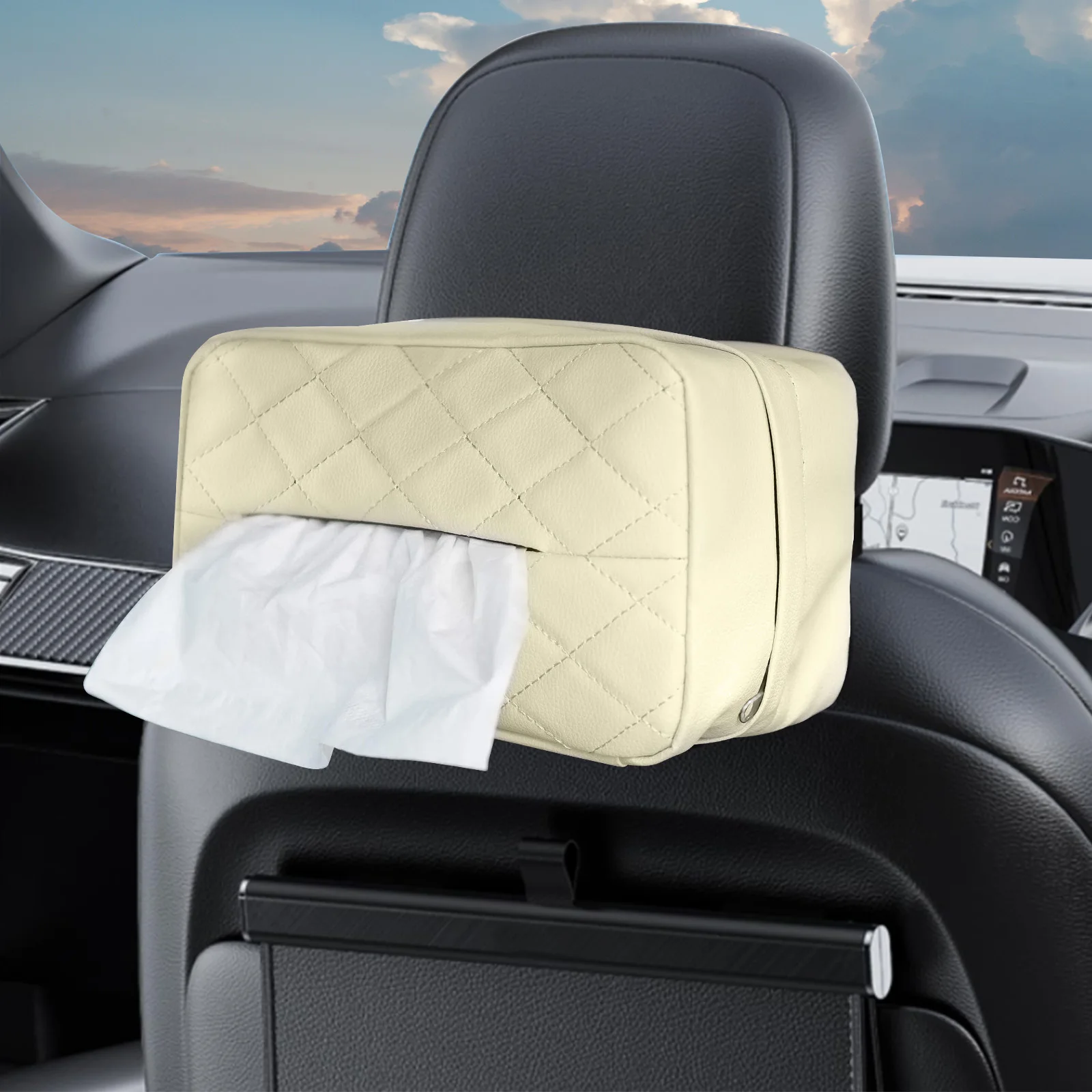 Car Tissue Box Holder Cover fit Kleenex Tissues Boxes Rectangle Extra Large Napkin Dispenser Hanging Backseat Headrest PU Leathe
