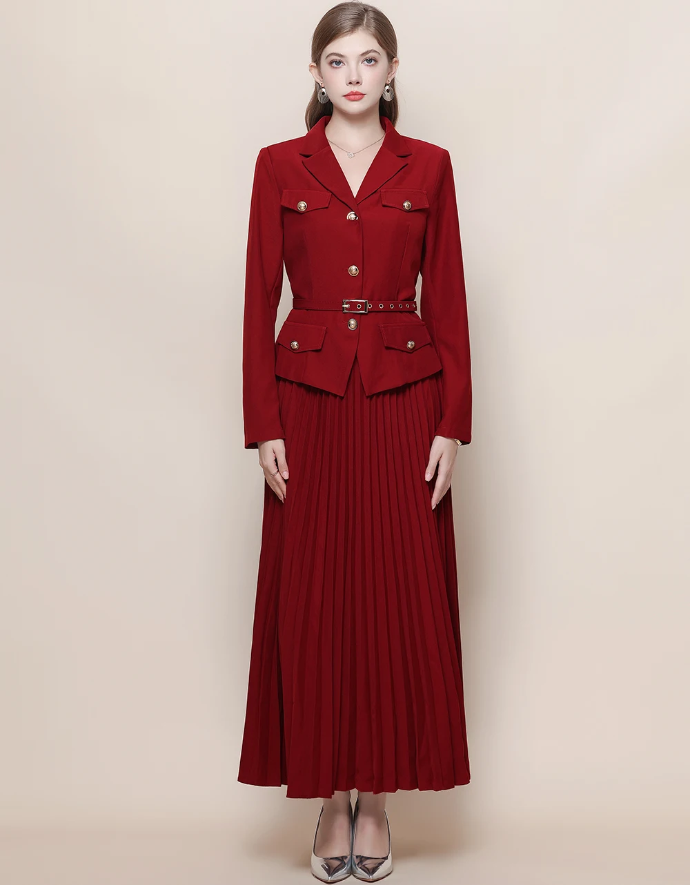 

Autumn Suit Coat Full Sleeve Blazer Maxi Pleated Skirt Belt Black Solid Color Two-piece Set Long Skirt Women's 2 Piece Dress