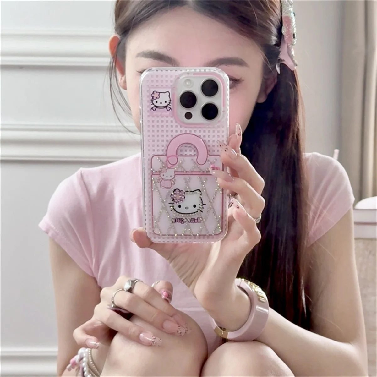 

Funny Makeup Bag Stand Phone Case For iPhone 16 Pro 15 14 Pro Max Cover Kawaii Cartoon Hello Kitty Shockproof Cases