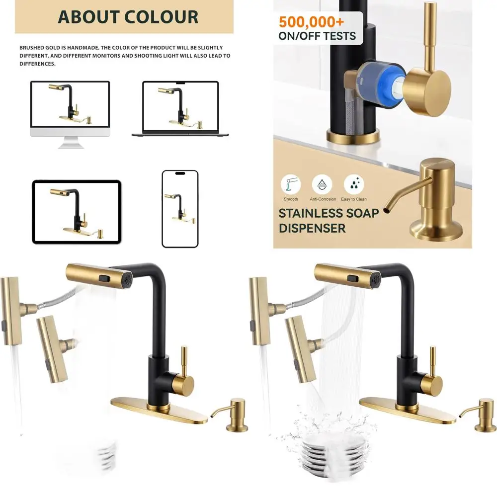 

Black and Gold Pull-Down Kitchen Faucet with 3-Mode Spray and Soap Dispenser, Stainless Steel Deck-Mounted Sink Faucet