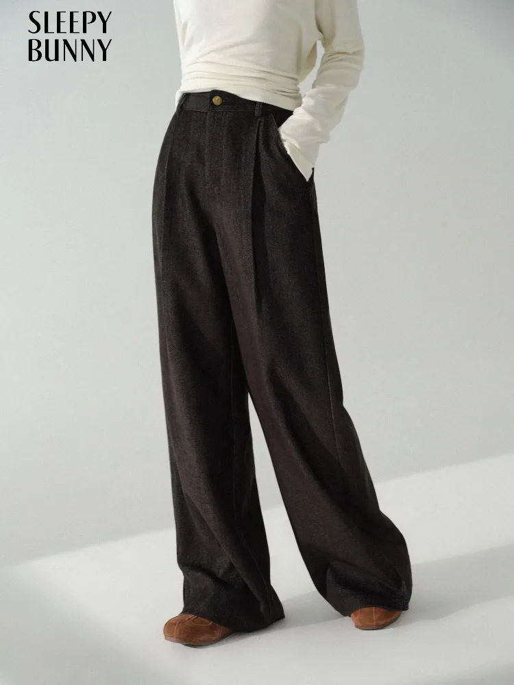 

Vintage High Waist Wide Leg Pants Women Elegant Lyocell Blend Trousers Straight Split Hem Long Pants Winter Office Casual Wear