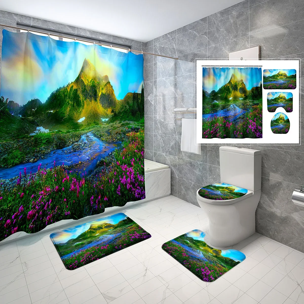 4 Pcs Landscape Shower Curtain Sets with Toilet Lid Cover and Non-slip Bath Mat Mountain Sunset Waterproof Shower Curtain Set