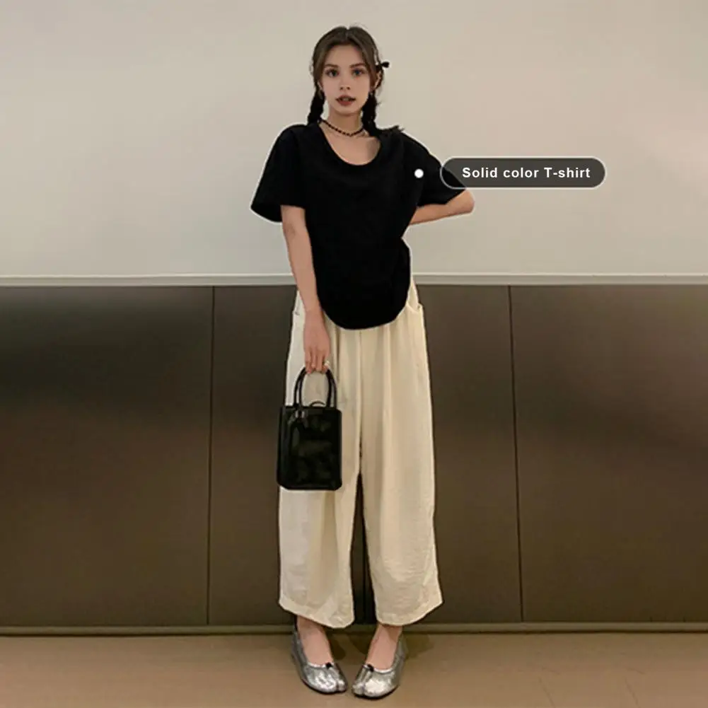 

Slimming Wide Leg Trousers Elastic High Waist Wide Leg Trousers for Women with Pockets Solid Color Loose Fit Long for Summer