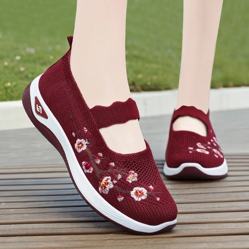 Breathable Comfortable Slip on Mesh Knit Platform Shoes Women Mary Janes 2024 Fall Embroider Casual Walking Shoes Flats for Mom