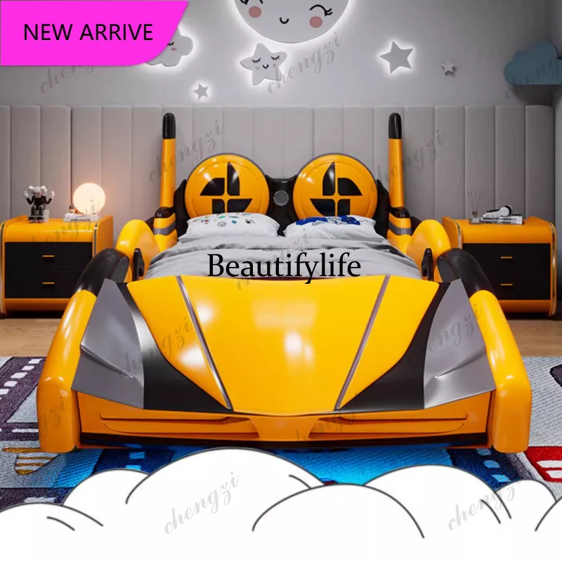 PPP 180x200cm sports car car bed children's bed boy creative multi-function with guardrail solid wood leather bed bedroom set