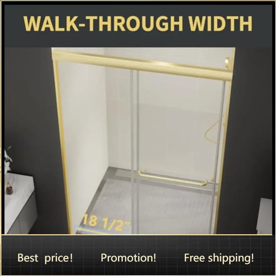 Glass Shower Door Sliding Double 70 H By 44 48 W Gold Frame Clear Tempered SGCC Explosion Proof Easy Clean Coated Reversible