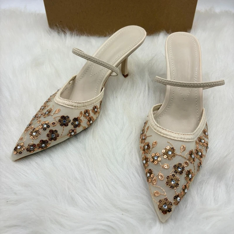 

Women's Mesh Thin Band Stiletto Heeled Sandals Summer Pointed Toe Elegant Mesh Rhinestone Floral Ankle Wrap Wedding Shoes