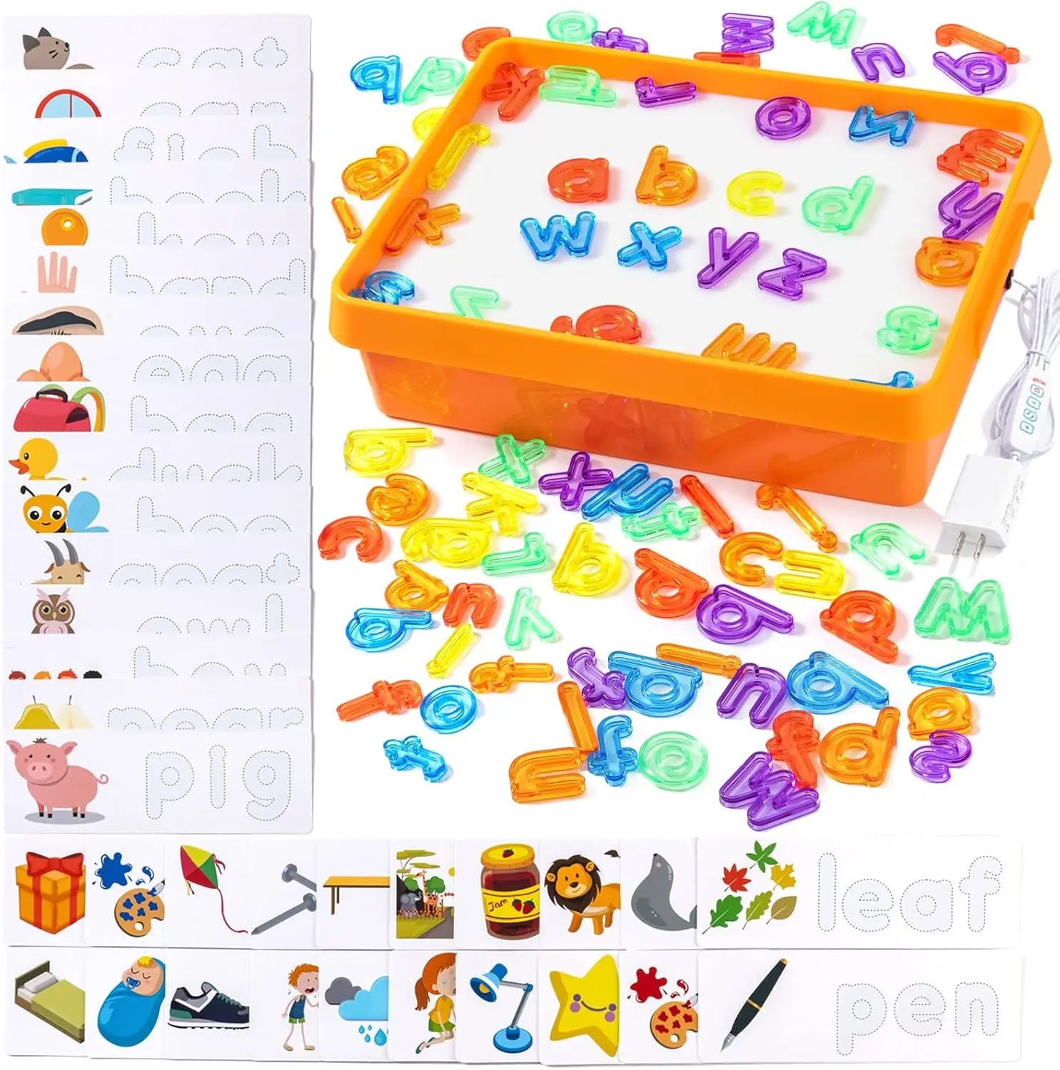 

Игровой набор Odoorgames Kids' Light Table Playset, 78 малых букв и 36 карточек с картинками, яркий сенсорный стол для обводки (оранжевый)