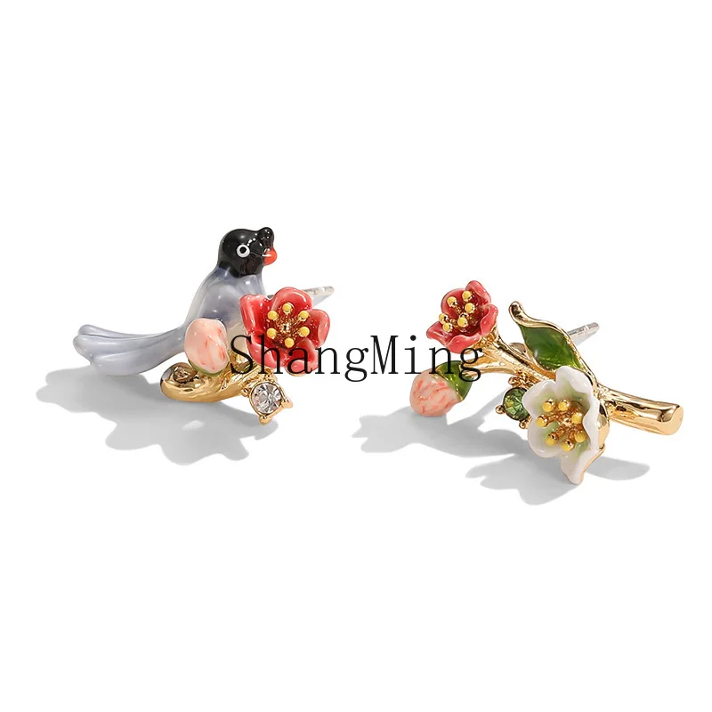 

CL jewelry exquisite fashion enamel glaze Annunciation bird flower asymmetrical silver needle stud earrings jewelry
