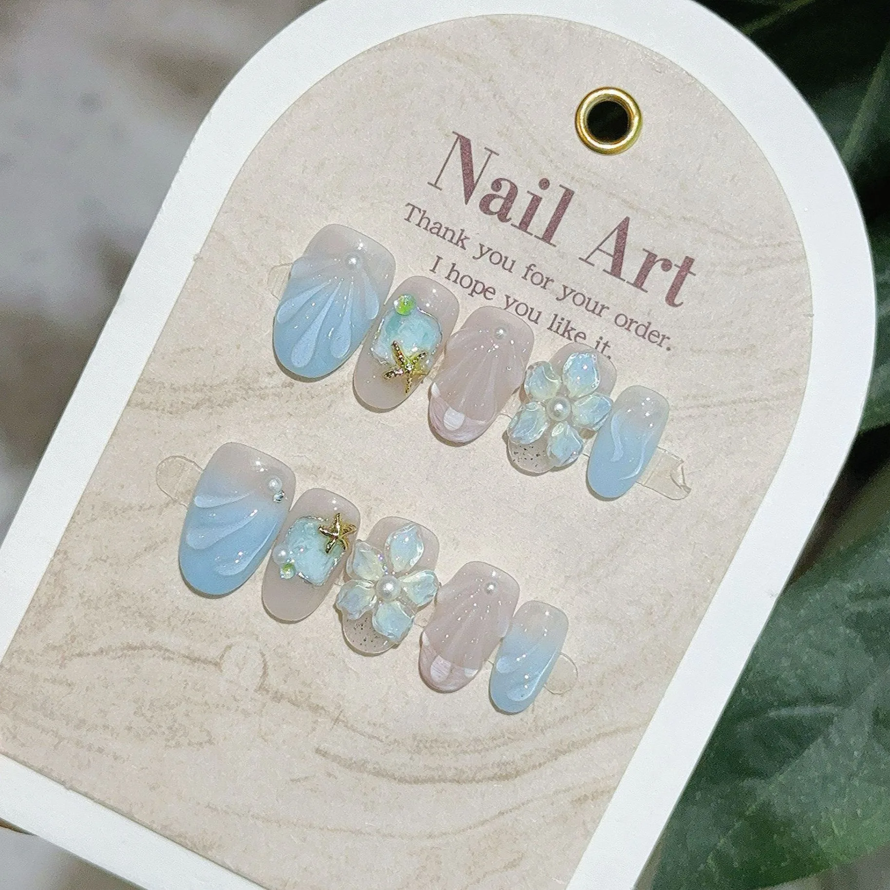 

10Pcs Summer 3D Shell Wave Press on Nails Sweet Pearl French Fake Nails Almond False Nails Cute Blue Carve Flower Nail for Women