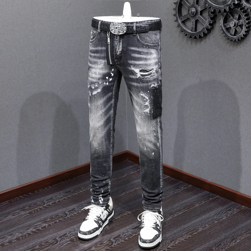 High Street Fashion Men Jeans Retro Black Gray Stretch Slim Fit Painted Ripped Jeans Men Patched Designer Hip Hop Brand Pants