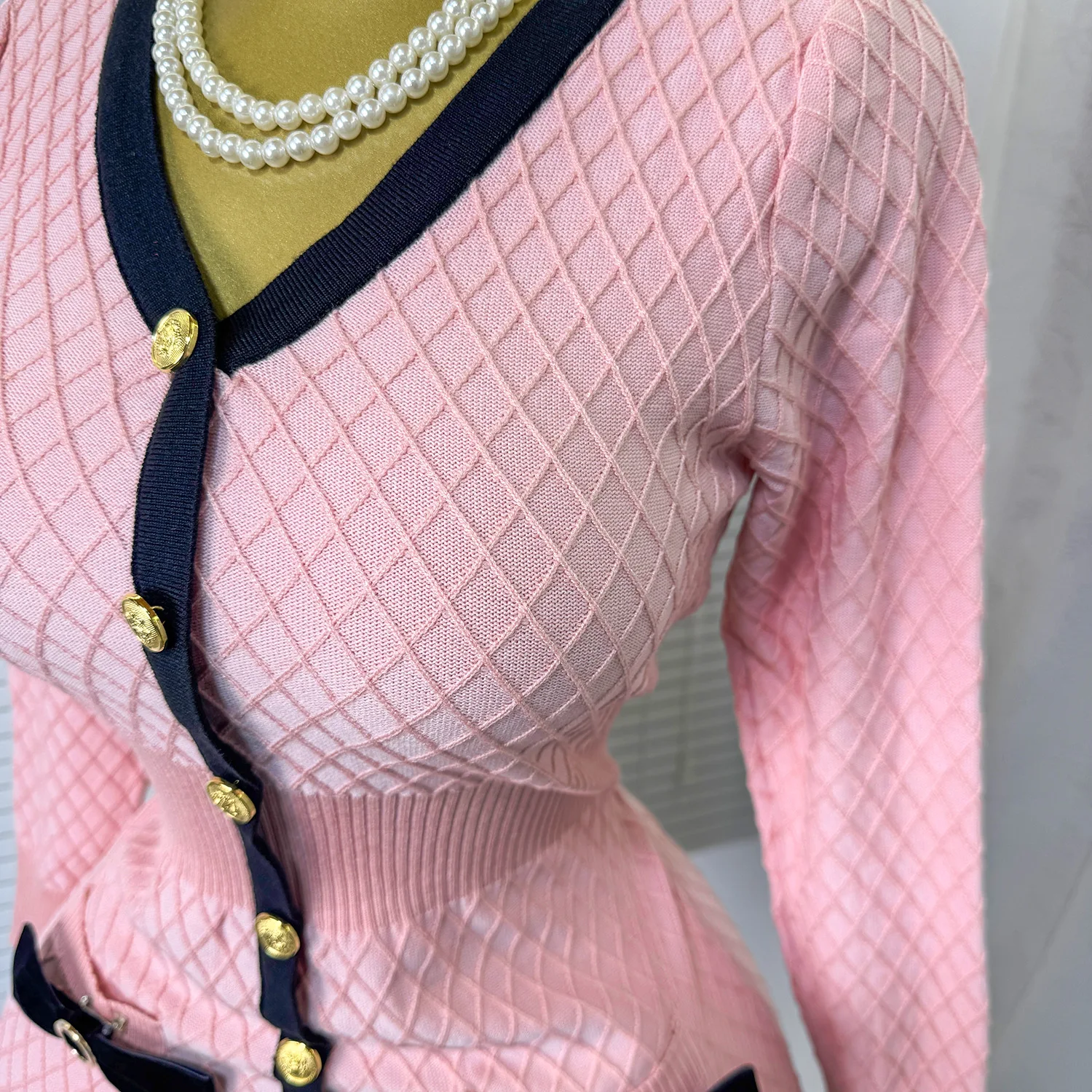 Vestidos femininos vestido de malha arco bolso cor bloqueada decote em v mangas compridas único breasted cintura cinched magro 2025 outono inverno