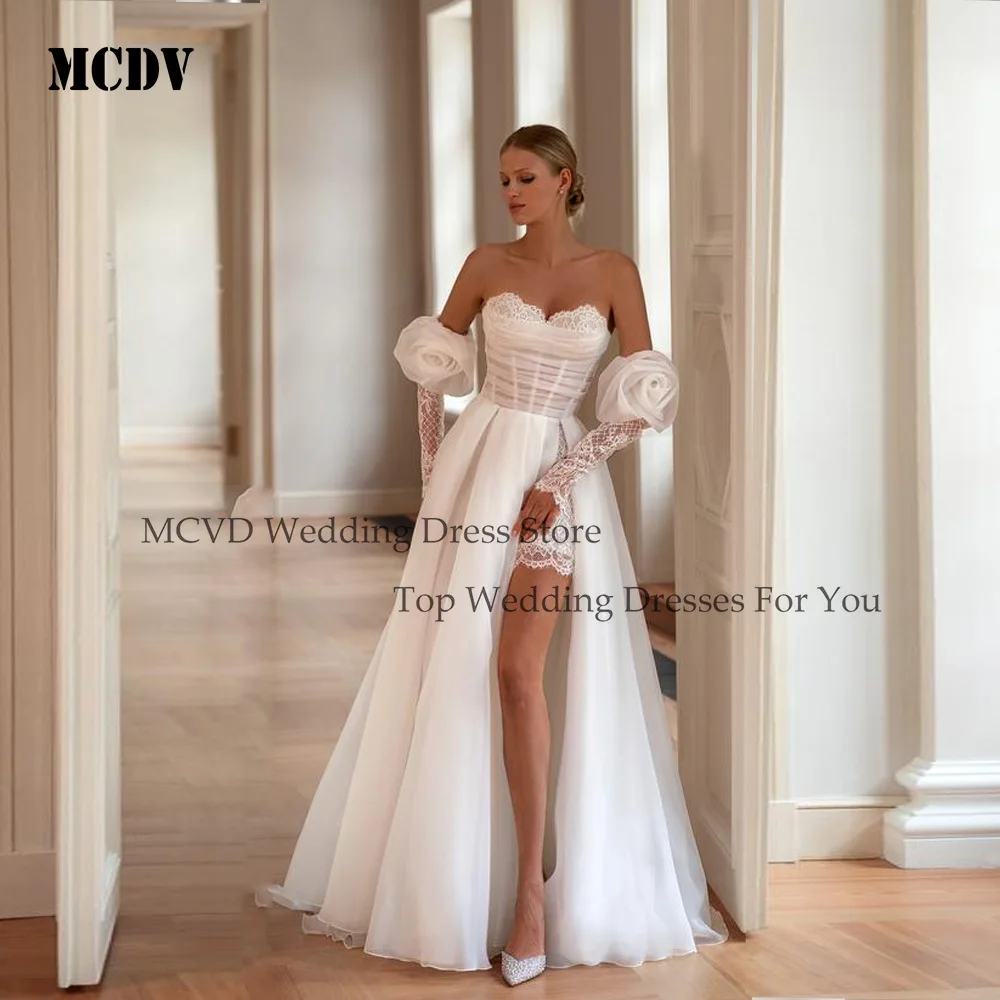 

MCDV Sweetheart Organza Wedding Dresses Side Split Flowers Applique Backless Elegant Bride Gowns Detachable Sleeve Customized