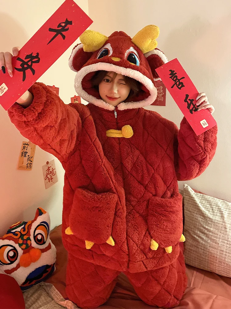DAIMELU red Dragon pajamas women's autumn sleepwear winter coral fleece piled thickened three-layer cotton-padded hooded Lounge