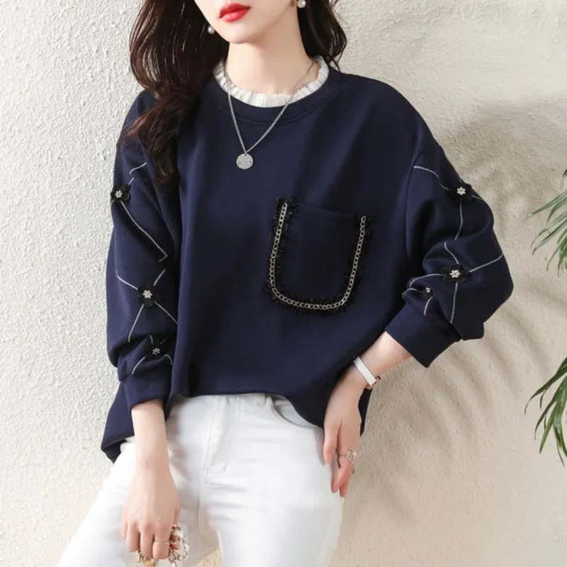 Woman Tops Flowers Round Neck Baggy Sweatshirt for Women Splicing Loose Spring and Autumn Pullover 2025 Trend Kpop New in Cheap