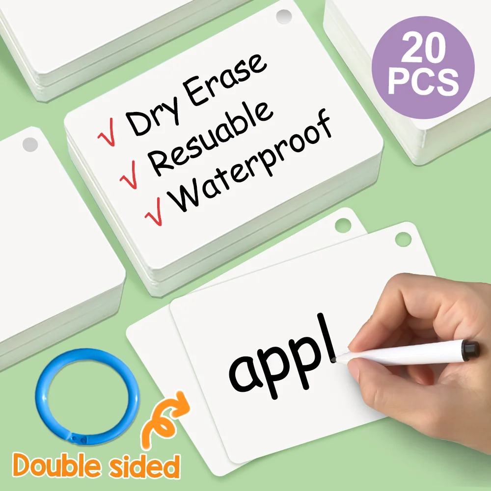 Laminated Erasable Flash Cards 20-Pack Whiteboard Index Double-Sided Dry Erase Resusable Cards for Teachers Paper Material