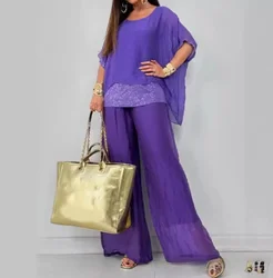 Fashion Solid Chiffon Suit For Women Casual Round Neck Bat Sleeves Sequin Top Wide Leg Pants Two Piece Set 2024 Summer New