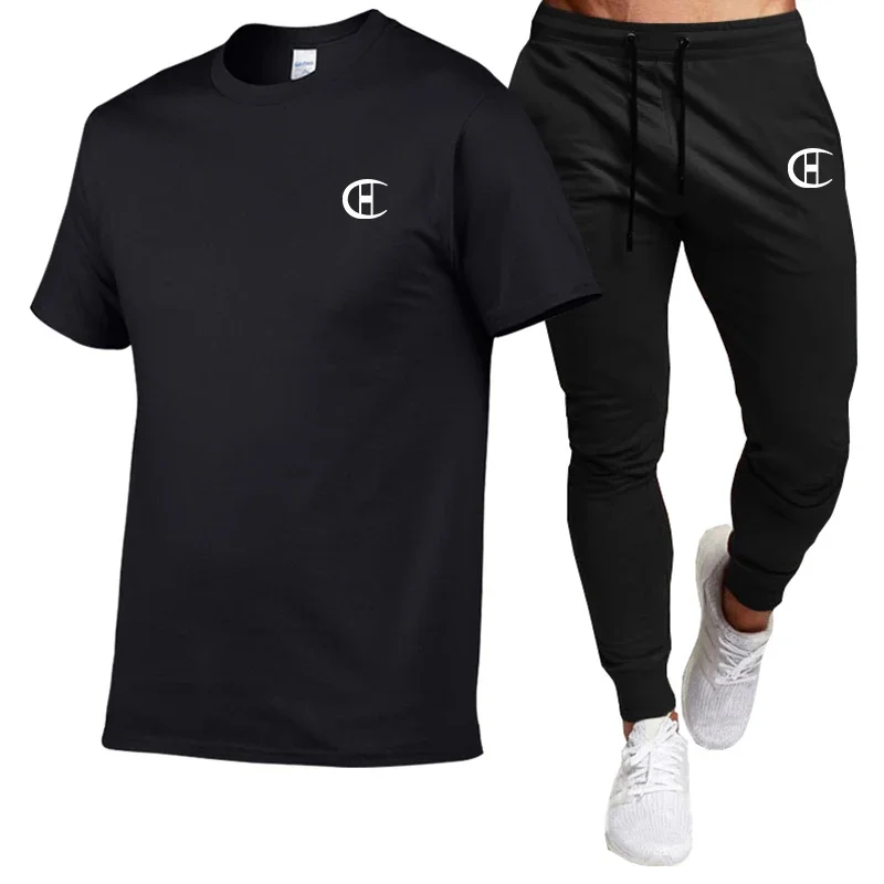 2025Summer Clothing Fashion comfort men's suit 100% cotton T-shirt short-sleeved top + black casual sweatpants two-piece set