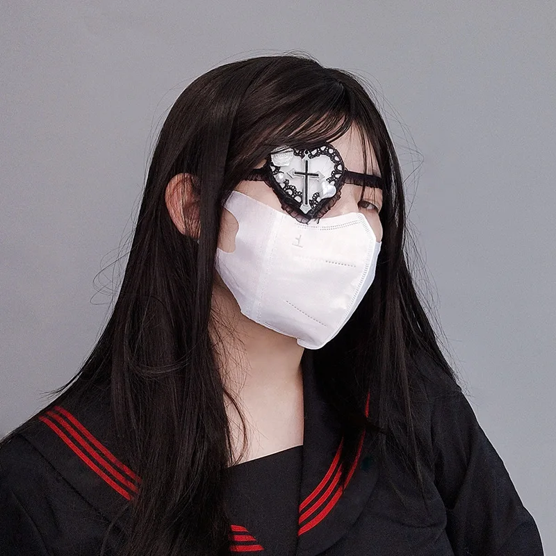Gothic Herz-form Augen Maske Schleife Spitze Ein-auge Eyeshade Lolita Zubehör Halloween Kreuz Party Kostüme Requisiten Y2K mädchen Augenklappe