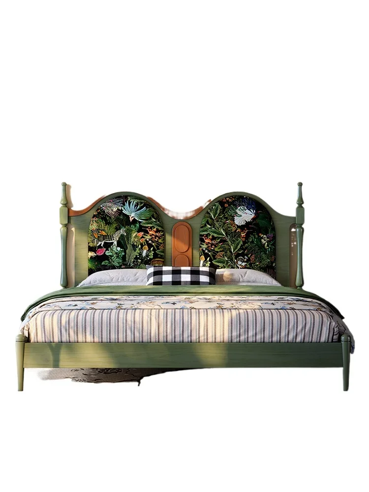 French retro solid wood bed 1.8 meters double bed medium ancient ash wood fabric printing soft bag retro master bed