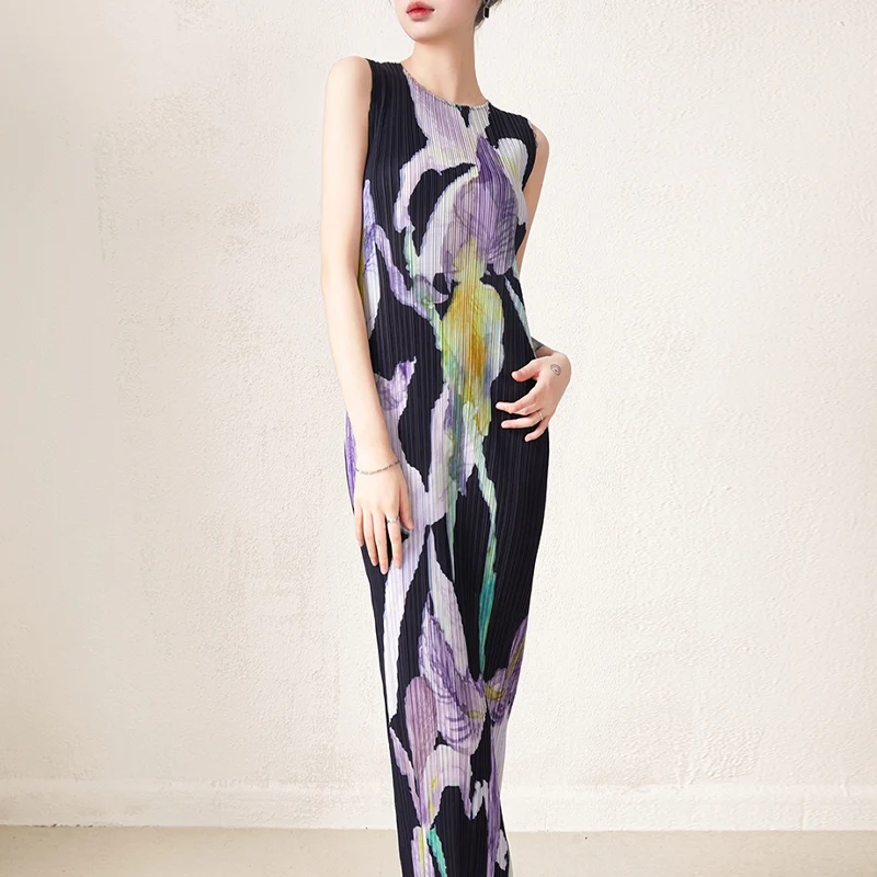 High Quality Miyake Clothing Manufacturers Custom Pleated Printed Dress Woman Casual Style Pencil Dress